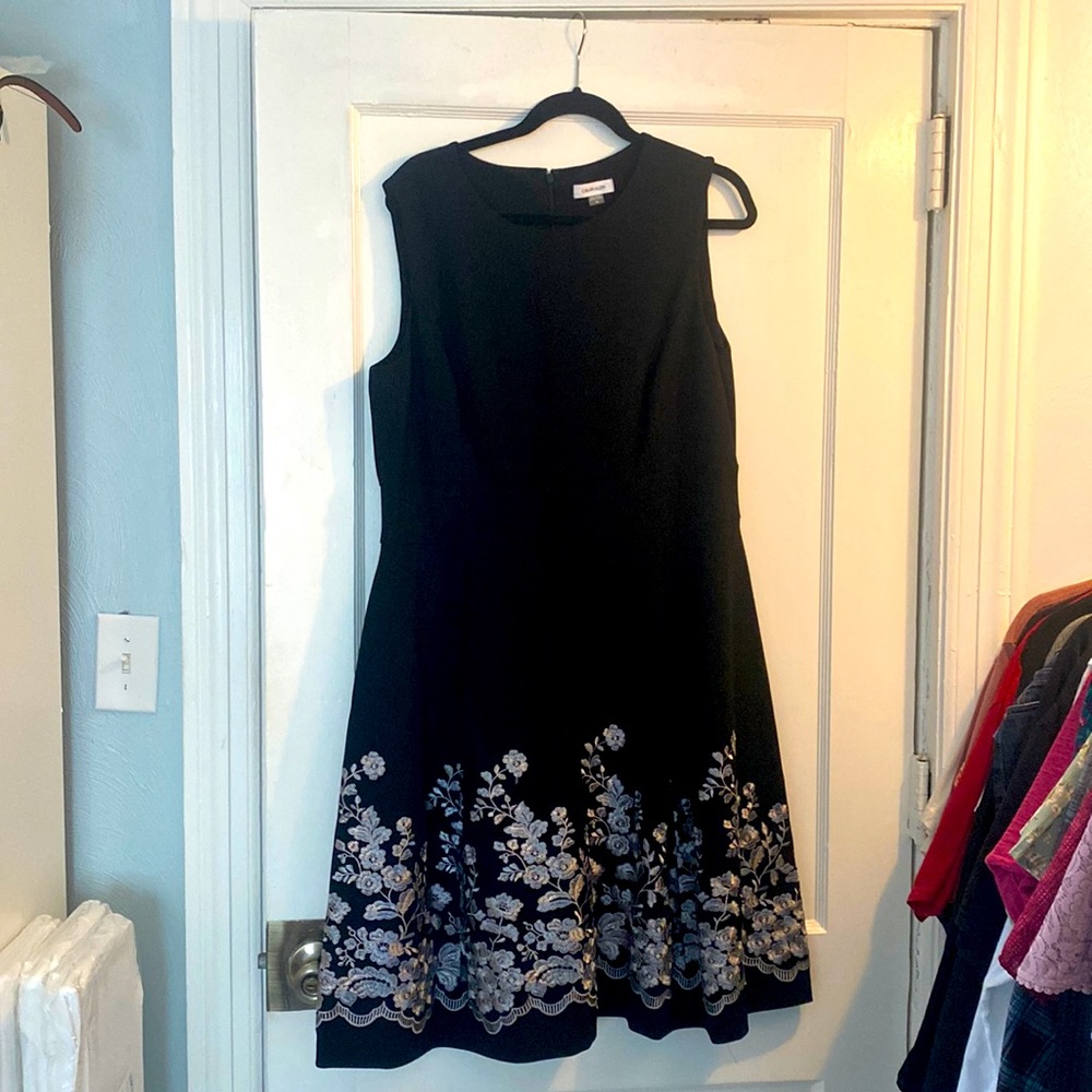Black Calvin Klein dress with silver embroidery; Size 16